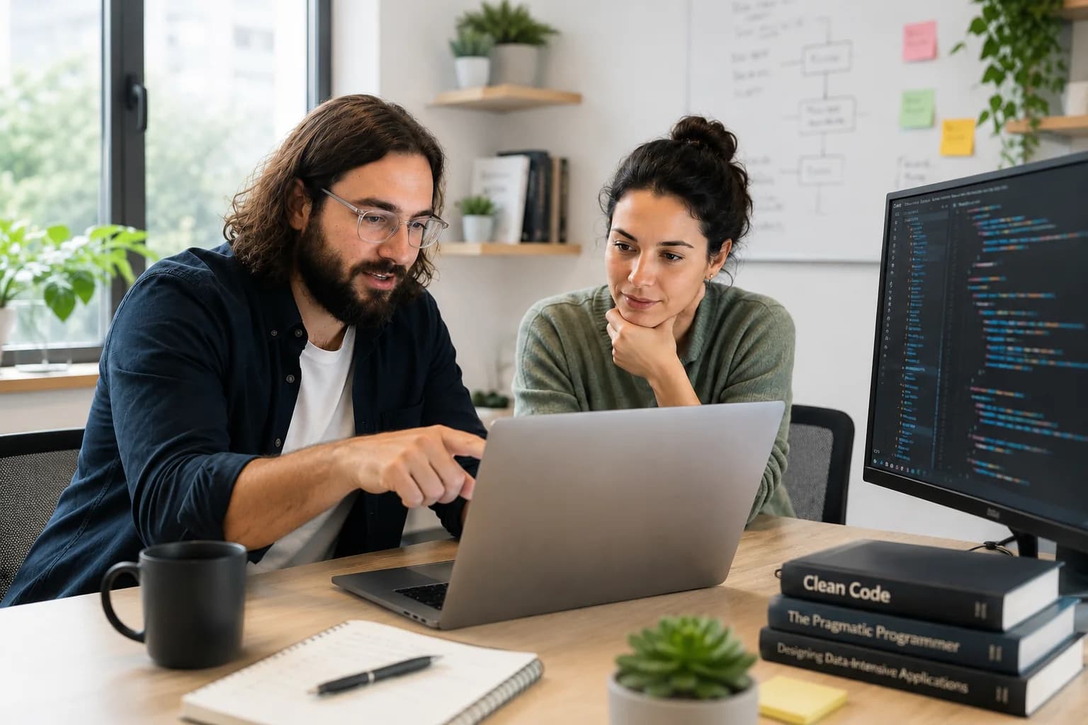 Two SodaAL engineers reviewing code together